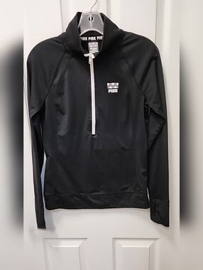 Victorias Secret PINK Logo Ultimate Black Quarter Zip Long Sleeve Pullover Small